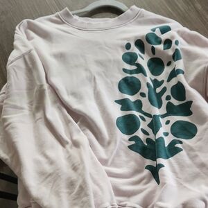 Free People Pale Pink Pullover with Teal Botanical Motif